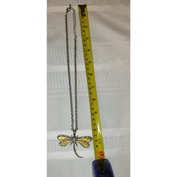 DragonFly Bug Necklace Costume Jewelry Yellow Silver Tone Good Luck Rhinestones - Picture 3 of 11